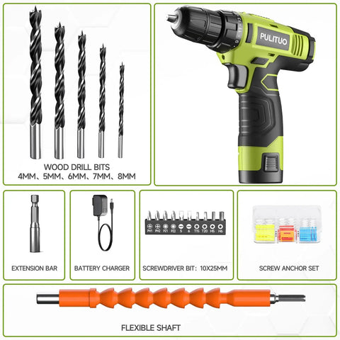 12V Cordless Drill Set With Battery And Charger, Lightweight and Compact, drill bits, charger, extension bar, flexible shaft