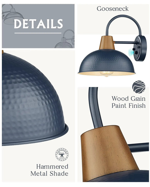 Blue Dusk To Dawn Outdoor Gooseneck Wall Lights 2 Pack With Hammered Metal Shade Weatherproof Barn Style Sconces For Porch And Yard Pathway Automatic Sensor No Manual On Off