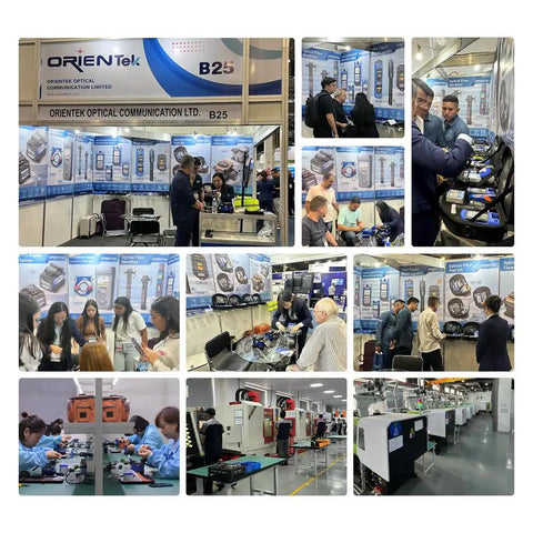 Exhibition booth showcasing Compact 1310/1550nm Fiber Optic Light Source with SC Universal Connector and Optional LC.