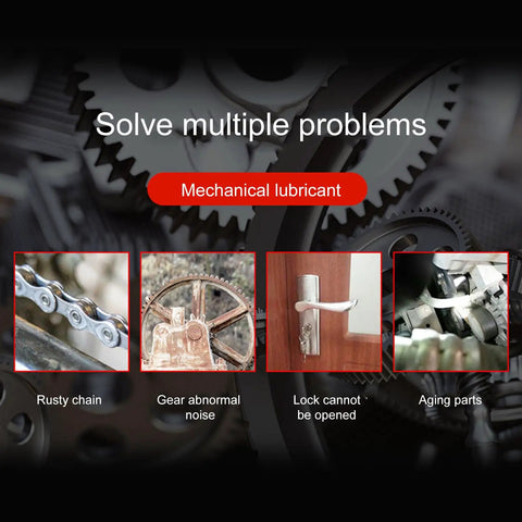 Door Hinge Lubricant Penetrating Oil For No More Squeaks And Rust Prevention image showing usage on rusty chain, gears, locks.
