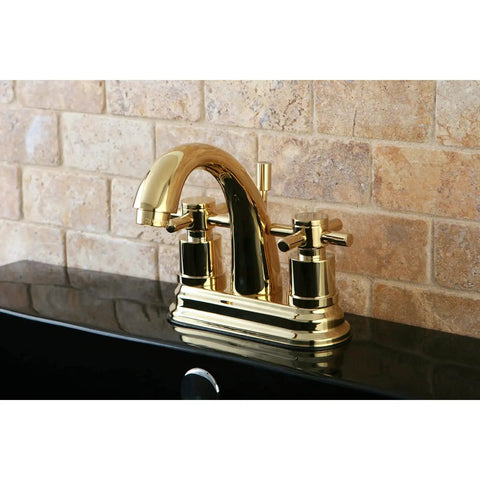 Beefy 4 Inch Centerset Bathroom Faucet With Twin Brass Handles, 4.5-Inch Spout Reach, Polished Brass Finish, installed on sink