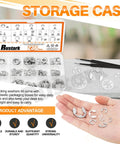 Stainless Steel E Clips and Internal Tooth Star Lock Washers Kit, 304 Grade, tweezers, product storage case, various sizes shown.