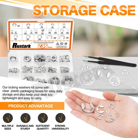 Stainless Steel E Clips and Internal Tooth Star Lock Washers Kit, 304 Grade, tweezers, product storage case, various sizes shown.