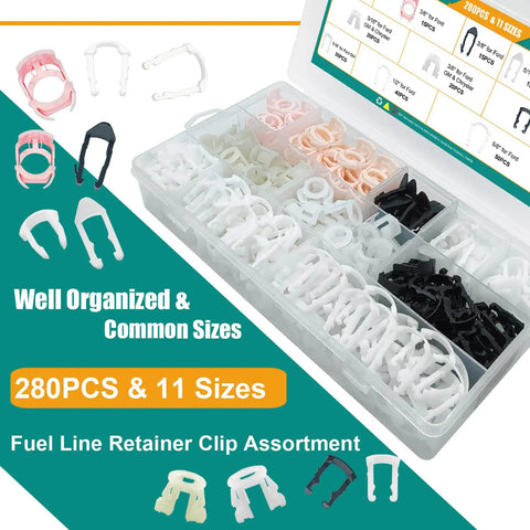 280 Pieces Fuel Line Retainer Clips Set With 11 Sizes For 1/2 Inch And 5/8 Inch Fuel Lines Fits Ford LaCrosse Century Allure Lucerne GMC Envoy And Other GM Vehicles Must Have Auto Repair Gear; organized plastic case