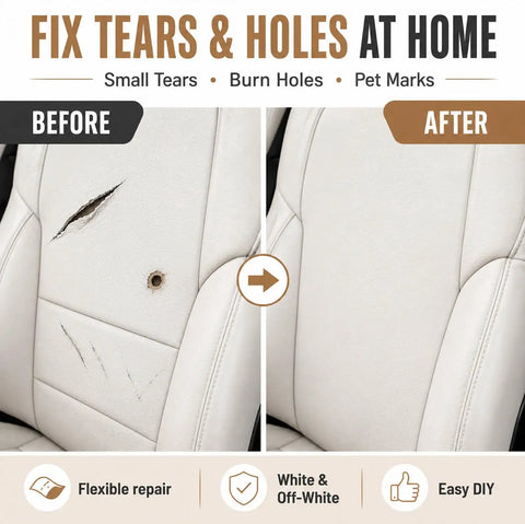 No Sweat Professional Leather And Vinyl Repair Kit For Seamlessly Blending White Cream And Light Gray Color Shades Onto Sofas Home Couches Car Boat And Bags. Before and after of leather seat repair.