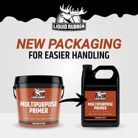 Liquid Rubber multipurpose primer new packaging with 1-gallon bucket and jug for concrete and wood applications.