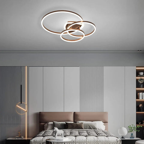 Modern LED Ceiling Light With Remote Dimmable Flush Mount Three Ring Close-To-Ceiling Fixture In Brown