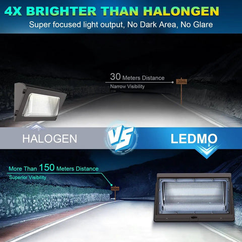 Comparison of halogen and LED, highlighting Crazy Bright 120W LED Wall Pack Light With Photocell Dusk To Dawn Outdoor Security Lighting efficiency
