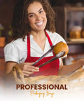 Person in bakery with tongs holding bread, wearing red apron, promoting professional packaging bags for bakery use.