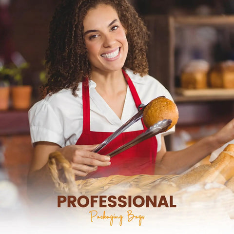 Person in bakery with tongs holding bread, wearing red apron, promoting professional packaging bags for bakery use.