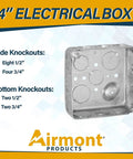 Heavy Duty Welded Steel Four By Four Junction Box And Blank Cover Kit For Pro Grade Installations, showing side and bottom knockouts.
