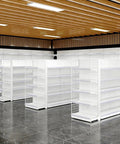 Badass Heavy Duty Seven Layer Gondola Shelving Rack For Neighborhood Convenience Stores And Groceries Rock Solid Gray Metal Display Stand Organize Stockpile Items in a store setting.