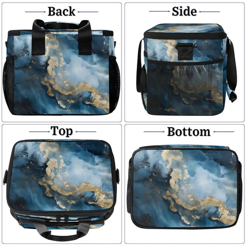 Back view of Insulated Picnic Backpack With Marbling Texture, Portable Lunch Bag showing 12x8.7x10in capacity and side mesh pockets