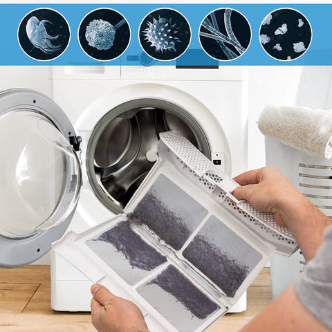 Person using Dryer Vent Cleaning Kit With Vacuum Attachment And Long Reach Hose For Quick Lint Removal in laundry room