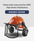 Chainsaw Helmet With Metal Mesh Face Shield, Adjustable Ear Muffs, Sun Peak, HDPE Forestry Shell, Orange, Safety Gear