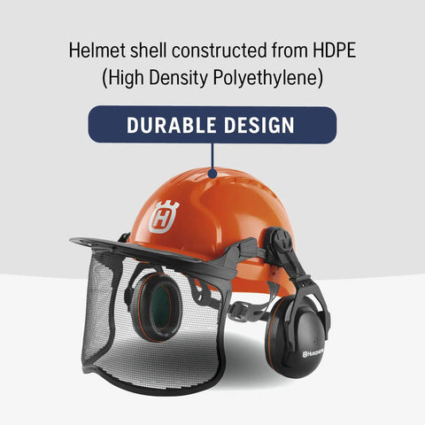 Chainsaw Helmet With Metal Mesh Face Shield, Adjustable Ear Muffs, Sun Peak, HDPE Forestry Shell, Orange, Safety Gear