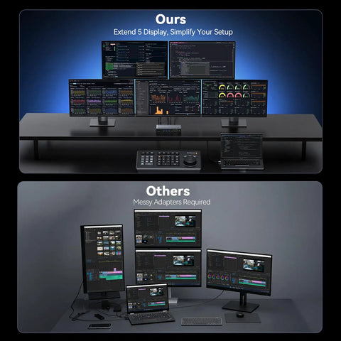 Image comparing setup efficiency: Slick Five Monitor Docking Station With Beefed Up Cooling Fan Handles Killer Eight K Plus Quad Four K 120Hz Panels.