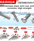 Must Have All In One Hex Head Bolt Kit M3 Through M6 With Nylon Lock Nuts And Washers, 858 Piece Metric Fastener Set For Home Auto And DIY Projects, 17 Sizes From 8mm To 40mm Ready For Any Repair Job. 304 stainless steel hex bolts M3-M6 with nuts, washers, and wrench