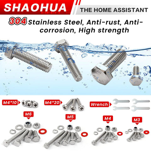 Must Have All In One Hex Head Bolt Kit M3 Through M6 With Nylon Lock Nuts And Washers, 858 Piece Metric Fastener Set For Home Auto And DIY Projects, 17 Sizes From 8mm To 40mm Ready For Any Repair Job. 304 stainless steel hex bolts M3-M6 with nuts, washers, and wrench