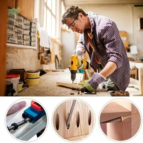 Carpenter using Joint Angle Tool And Pocket Hole Jig Set For Pro Level Carpentry, with 14 Pieces 15 Degree Inclined Hole Fixture.