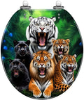 Toilet Seat Round Slow Close Bathroom Replacement featuring roaring tigers and panthers on a colorful printed design.
