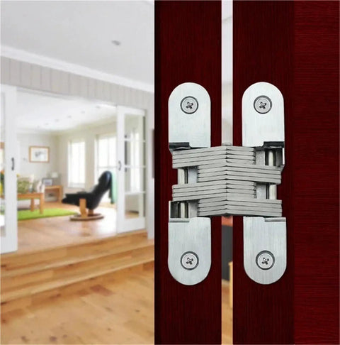 Top Tier Stainless Steel Concealed Door Hinges Truly Invisible Hidden Mount detail showing smooth operation on wooden doors.
