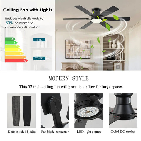 Low Profile 52 Inch Ceiling Fan With Light And Remote App Control, showing airflow in modern living room, 6 blades