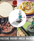 Kickass Manual Dough Roller And Stainless Steel Pasta Sheeter With Hella Smooth Adjustments Easy Flatten Pizza Crusts, displayed with pizza, pancakes, and dough.