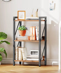 Rock Solid 3 Tier Industrial Bookshelf Featuring Dark Wood Grain Shelves, Slim Metal Frame Storage Rack Built Tough For Apartments And Offices, Zero Fuss Setup in modern home.