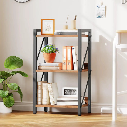 Rock Solid 3 Tier Industrial Bookshelf Featuring Dark Wood Grain Shelves, Slim Metal Frame Storage Rack Built Tough For Apartments And Offices, Zero Fuss Setup in modern home.