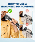 Three steps showing correct use of All-in-One Wireless Voice Amplifier With Built-In Microphone For Teaching, Speaking, And Karaoke, 15W Output.