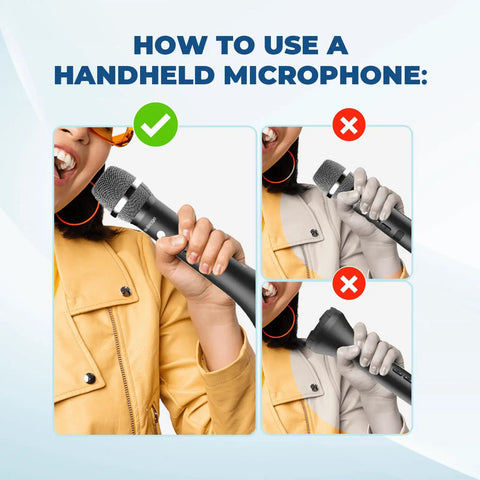 Three steps showing correct use of All-in-One Wireless Voice Amplifier With Built-In Microphone For Teaching, Speaking, And Karaoke, 15W Output.