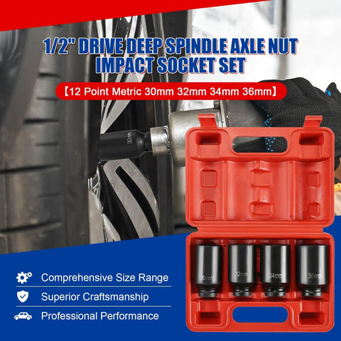 Half Inch Drive Deep Spindle Axle Nut Impact Socket Set in red case, 12 Point Metric 30mm 32mm 34mm 36mm CR-MO, shown with tire.