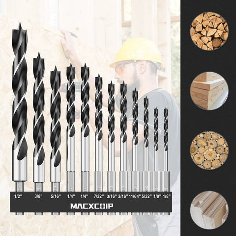 Brad-point wood drill bit set, 12-piece hex-shank with double-flute design for woodworking (1/8"–1/2").