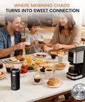 Family enjoying breakfast with the 6-In-1 Electric Milk Frother And Steamer With Cold Foam, Hot Foam And Milk Warmer, Black, on table.