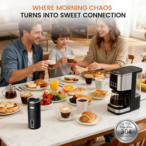 Family enjoying breakfast with the 6-In-1 Electric Milk Frother And Steamer With Cold Foam, Hot Foam And Milk Warmer, Black, on table.