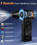 Image showing Upgraded Electric Air Duster Cordless with 5 speed modes, 360000 RPM turbo power, and visual RPM indicators.