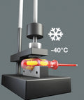 Kraftform Plus VDE Insulated Slotted Screwdriver With Lasertip Drive being tested at -40°C, showcasing its durability and precision.