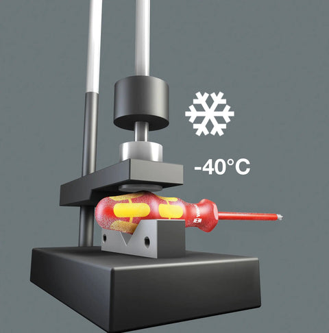 Kraftform Plus VDE Insulated Slotted Screwdriver With Lasertip Drive being tested at -40°C, showcasing its durability and precision.