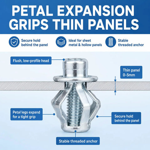 Heavy Duty Aluminum Button Rivet And Locking Nuts Set With M4 M5 M6 Sizes showing petal expansion gripping a thin panel.