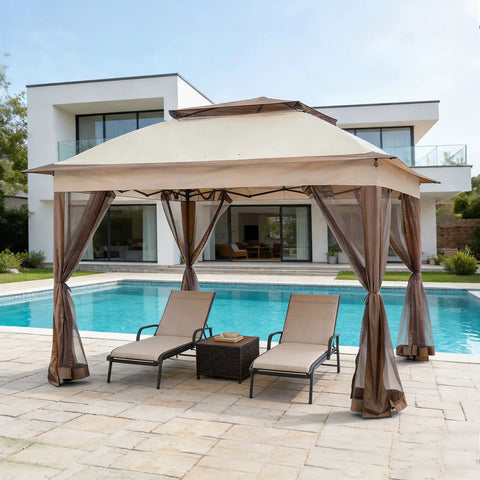 Pop Up Gazebo 11x11 Instant Canopy Tent With Mesh Netting, Patio Shade Shelter For Beach Or Backyard, 121 Square Feet Of Coverage, Beige