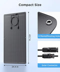 200W Flexible Solar Panel Kit Two 100W Panels All Black Stealth Edition with ETFE Monocrystalline Modules showing dimensions and connectors