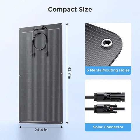 200W Flexible Solar Panel Kit Two 100W Panels All Black Stealth Edition with ETFE Monocrystalline Modules showing dimensions and connectors