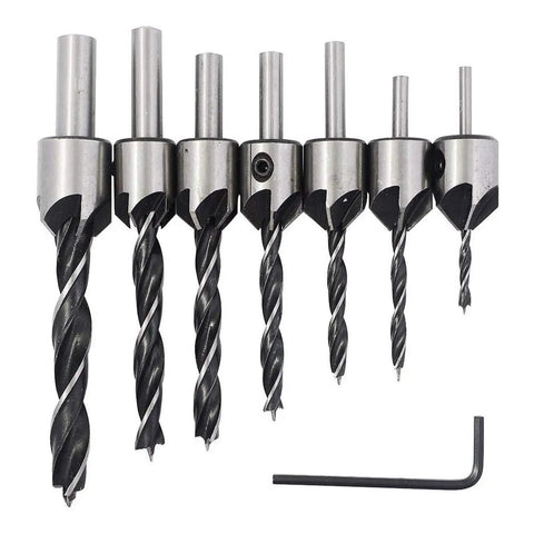 Solid Shop Countersink Drill Bits And Doweling Jig Kit With 3 To 10mm Chamfer Reamer Tools showing 7 drill bits and an allen wrench.