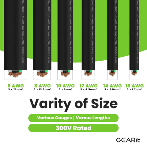 Image showing various gauges of power wires with text emphasizing variety of size and 300V rating, including the 16 AWG option.