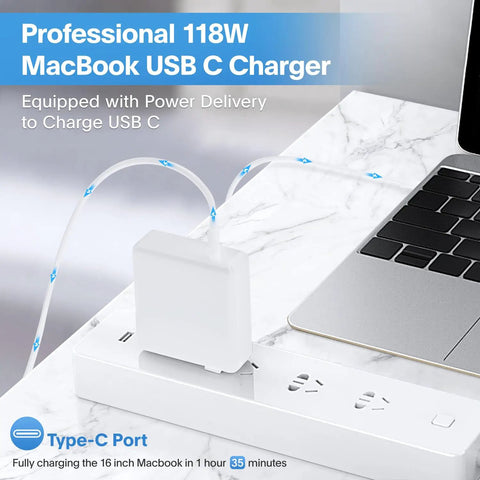 Hella Fast 118W USB C Fast Charger For MacBook Pro And Air with Type-C port plugged into wall outlet powering a laptop.