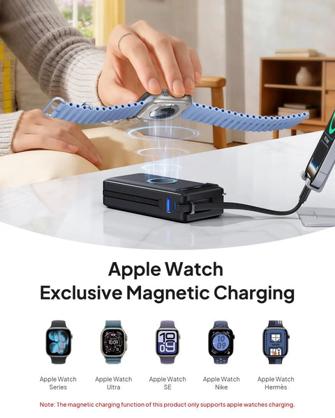 Ultimate 10000mAh Power Bank With 22.5W Fast Charging And Built In Lightning Usb C Cables Plus Foldable Wall Plug For iPhone And Apple Watch charging an Apple Watch.