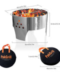 Portable 14 Inch Folding Campfire Grill With Carry Bag Stainless Steel Charcoal Grill For Camping Bonfires Picnics And Backyard Cooking Lightweight Durable Outdoor BBQ Gear shown with dimensions and carry bag.