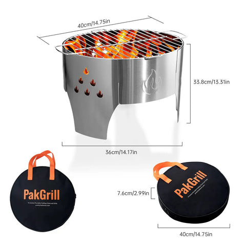 Portable 14 Inch Folding Campfire Grill With Carry Bag Stainless Steel Charcoal Grill For Camping Bonfires Picnics And Backyard Cooking Lightweight Durable Outdoor BBQ Gear shown with dimensions and carry bag.