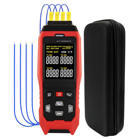 Four Channel Thermocouple Data Logger Thermometer with K, J, T sensors and USB shown with carrying case and cables.